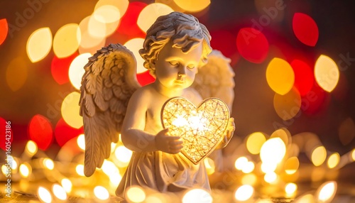 A cherubic angel holds a glowing heart