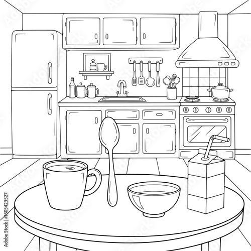 Cartoon kitchen with cup, spoon, bowl, and juice box, black and white coloring page with hand-drawn style