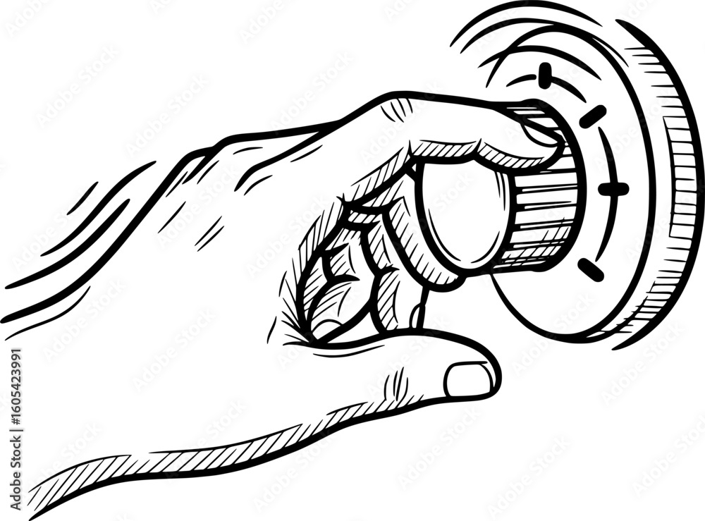 Hand turning knob icon, outlined sketch with hand-drawn style