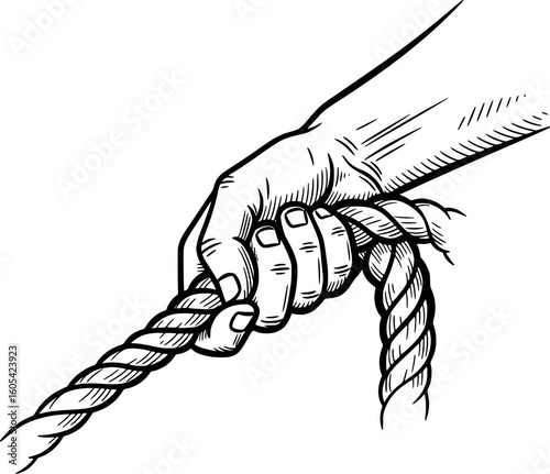 Hand pulling rope icon, outlined sketch with hand-drawn style