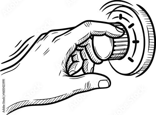 Hand turning knob icon, outlined sketch with hand-drawn style