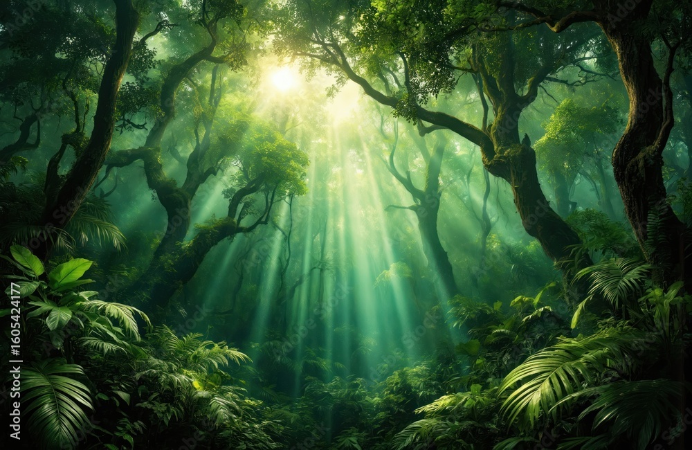 Obraz premium Sunlit jungle canopy featuring vibrant green foliage, trees, dense vines. Sunbeams pierce dense foliage, illuminating rich forest floor. Scene evokes sense of mystery, discovery, serene natural