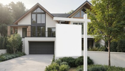 Modern house exterior with blank white real estate sign board mockup. For sale advertising billboard poster outside contemporary home with garage, rich garden, trees. Use for property listing