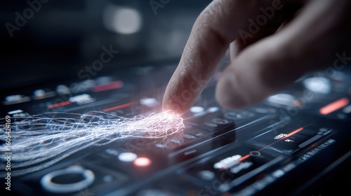 Technician uses a futuristic control panel, featuring intricate data visualizations and precise adjustments, to oversee a robotic arm meticulously polishing a metalens