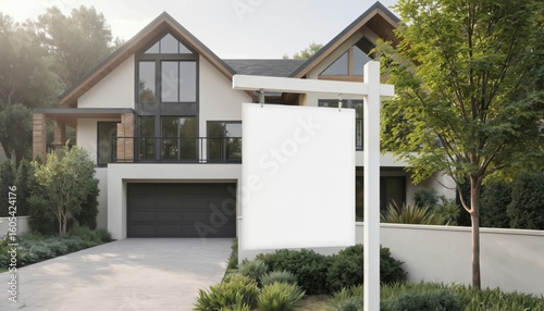 Modern house exterior with blank white real estate sign board mockup. For sale advertising billboard poster outside contemporary home with garage, rich garden, trees. Use for property listing