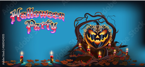 Vector Halloween party background featuring a glowing carved pumpkin, spooky candles, twisted branches, autumn leaves, and neon text.

