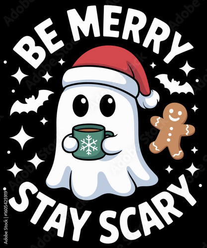 Be Merry Stay Scary Funny Santa Ghost Christmas Halloween