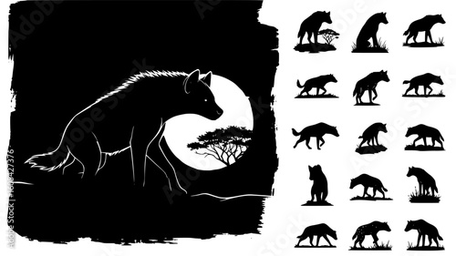 Collection of hyena silhouettes in various poses against a moonlit african savanna background