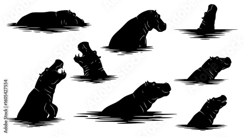 Multiple hippopotamus silhouettes in water, some submerged and some with heads above, isolated on white background