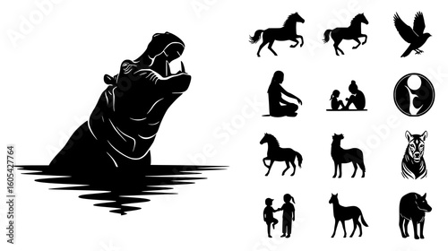 Silhouette of a hippopotamus emerging from water with other animal and human icons