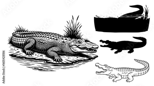 Collection of alligator and crocodile illustrations, including a detailed drawing and silhouette