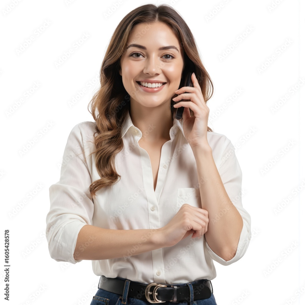 Smiling woman in white shirt talks on phone, gestures with hand. Represents sales, customer service, communication, business, technology, advice, guidance, assistance. Smiling woman in white shirt talks on phone, gestures with hand. Represents sales, customer service, communication, business, technology, advice, guidance, assistance.