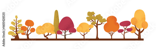 Autumn forest scene. Horizontal composition with hand-drawn colorful trees on ground base. Cozy vector landscape in warm fall tones. Perfect for banners, headers, websites and seasonal scenes.