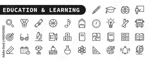 Education and learning - outline icon set with editable stroke. Back to school icons. Book, backpack... Simple line symbols. Vector Illustration