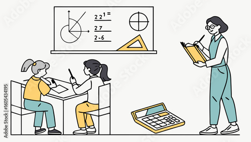 Math Classroom Lesson: Teacher, Students, Whiteboard & Calculator. Education & Learning Concept Illustration.