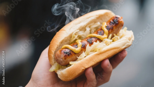 Oktoberfest: Hand Holding Steaming Grilled Sausage in Bun with Sauerkraut and Mustard, Close-up Food Photography