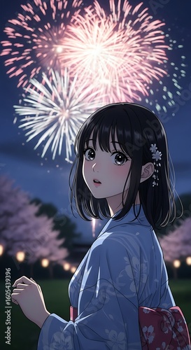 Girl in a yukata enjoying fireworks at night.