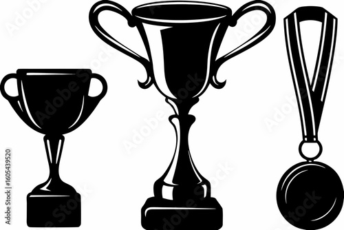 Illustration showing two trophies and a medal in black and white vector format for achievements created with generated ai