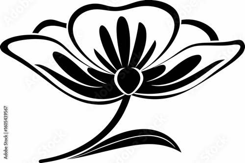 A stylized black and white flower with prominent petals and a central stamen design element in bloom created with generated ai