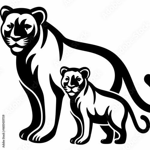 Illustration of a lioness standing next to her cub in a black and white vector design, showcasing their bond created with generated ai