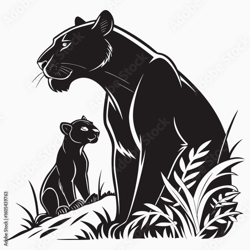 Black panther and cub sitting in grass illustration in black and white style vector graphic design created with generated ai