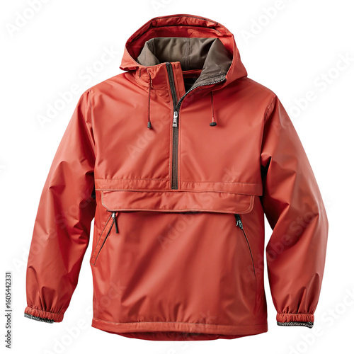 A vibrant coral orange hooded anorak jacket with a quarter zip and large front pocket isolated on transparent background