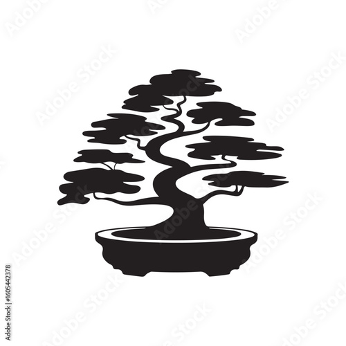 Decorative bonsai tree silhouette in a pot featuring elegant Japanese plant art. Black vector illustration on a white background, ideal for zen-inspired designs, logos, prints, or minimalist decor.