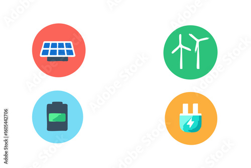 Renewable energy sources solar panels, wind turbines, battery, electric plug - clean energy icons vector icon 