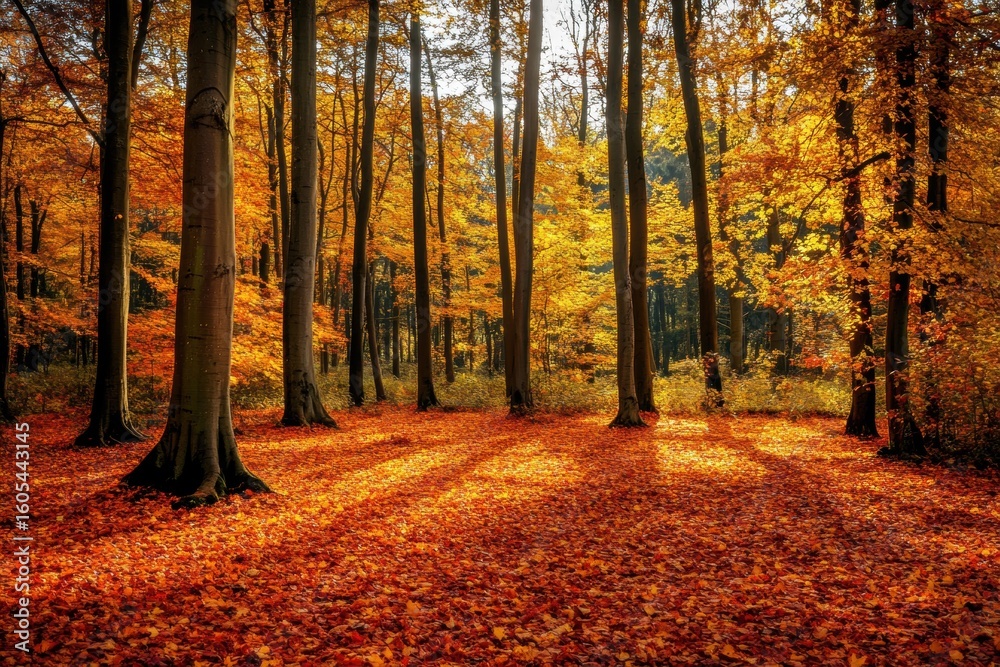 Naklejka premium Red-orange leaves blanketing autumn forest floor