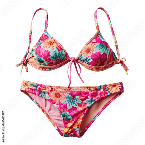 Vibrant floral print bikini set featuring a triangle top and matching low rise bottoms isolated on transparent background