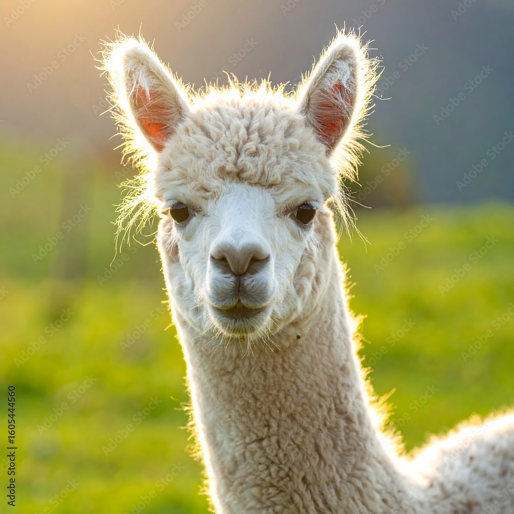 Fototapeta premium Fluffy white alpaca in sunlight
