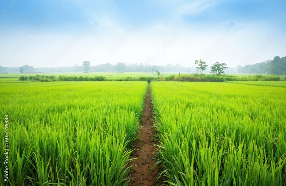 Obraz premium Green sawah rice fields stretch towards horizon, with narrow dirt pathway leading through vibrant, swaying rice plants under soft blue sky. Serene agricultural landscape evokes sense of peace,