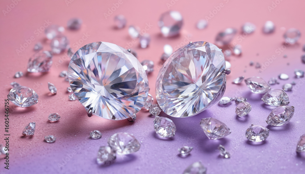 Two large brilliant cut diamonds showcased among smaller diamonds on soft pink, purple textured surface. Clear gemstones sparkle with brilliant facets, reflecting light. Macro illustration evokes Two large brilliant cut diamonds showcased among smaller diamonds on soft pink, purple textured surface. Clear gemstones sparkle with brilliant facets, reflecting light. Macro illustration evokes