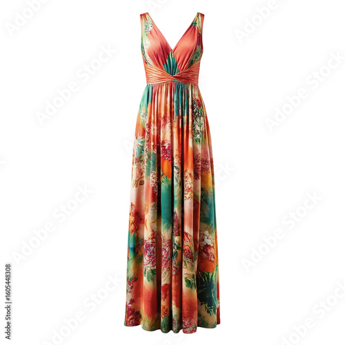 Vibrant floral print maxi dress with a flattering v neckline and flowing skirt isolated on transparent background