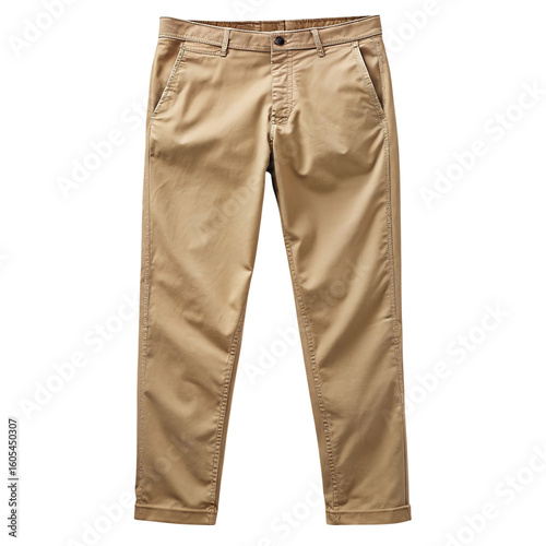 Classic khaki chino pants for men featuring a flat front and belt loops isolated on transparent background
