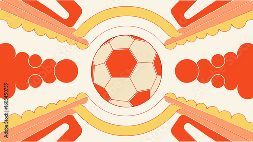 Colorful soccer ball surrounded by abstract shapes in warm tones  