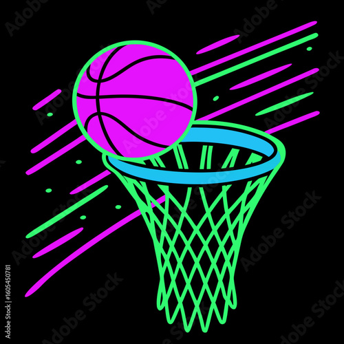 Basketball going into hoop with colorful neon lines on black background  