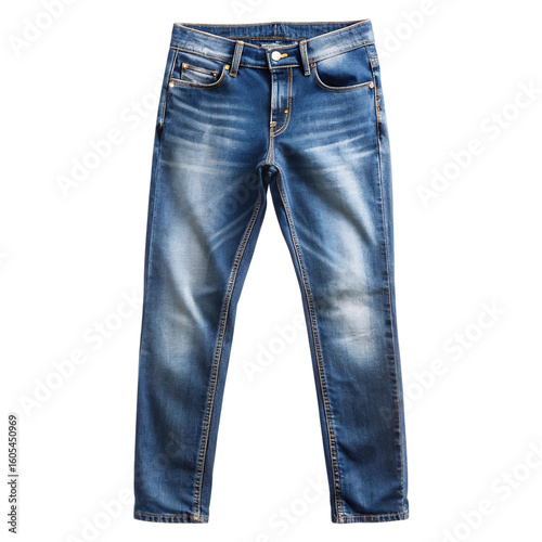 Classic blue denim jeans with a worn distressed look and stylish detailing isolated on transparent background