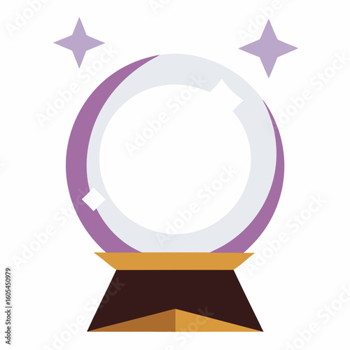 Crystal ball on wooden base with magical stars surrounding  