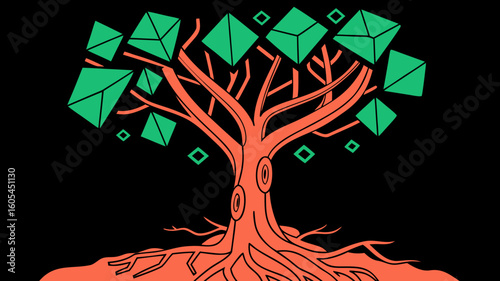 Abstract tree with geometric shapes and colorful graphics on black  