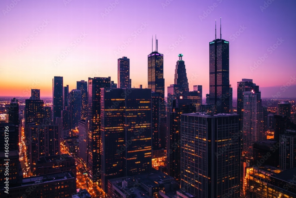 Fototapeta premium Modern city skyline at golden sunset