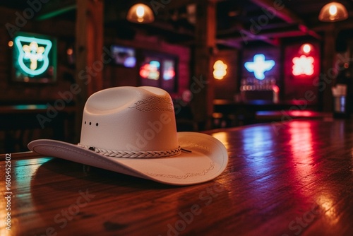 white cowboy hat western style country bar dive neon lights cowgirl wall art rustic Americana southern hat saloon southwest Stetson wild west rodeo texas nashville music nightlife bachelorette