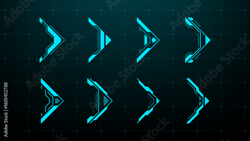 Set of blue futuristic hud arrows vector assets. Modern interface elements for digital technology. Abstract display design.