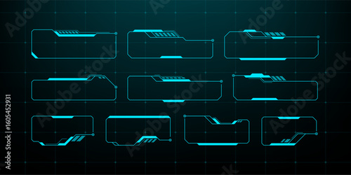 Set of blue futuristic hud frames. Digital hi tech border elements for ui design. Modern gui template for game interface concept.