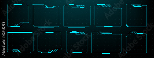 Futuristic hud vector graphics, technology frames with digital elements. Sci fi virtual user interface template.