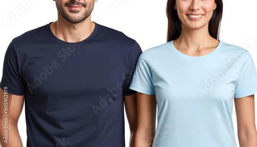 Couple's half-sleeve t-shirt mockup,  young man wearing light blue and young woman wearing white t-shirt on white background