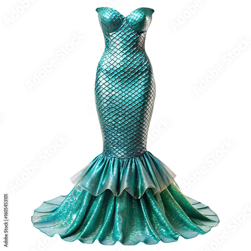 Elegant teal mermaid gown with ruffled tail and shimmering scales isolated on transparent background