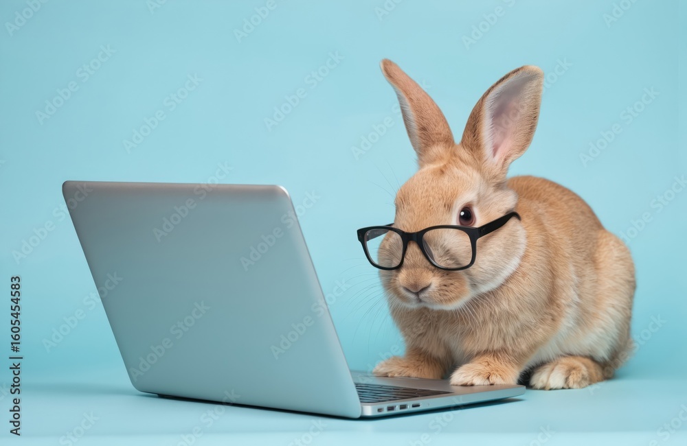 Funny rabbit wearing glasses works on laptop computer in office. Cute animal typing on keyboard. Represents business, success, technology, online communication. Professional mammal focused on digital