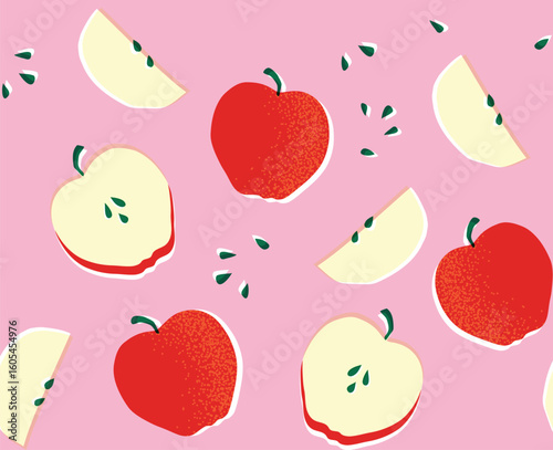 Red apple seamless vector pattern featuring whole fruit, halves, and wedges on a pink background. Great for textile prints, food packaging, and fruity-themed designs.