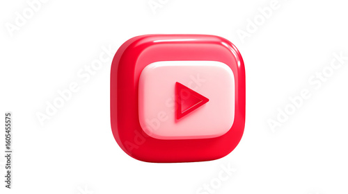 Glossy 3D YouTube play button icon with red and white colors on transparent background